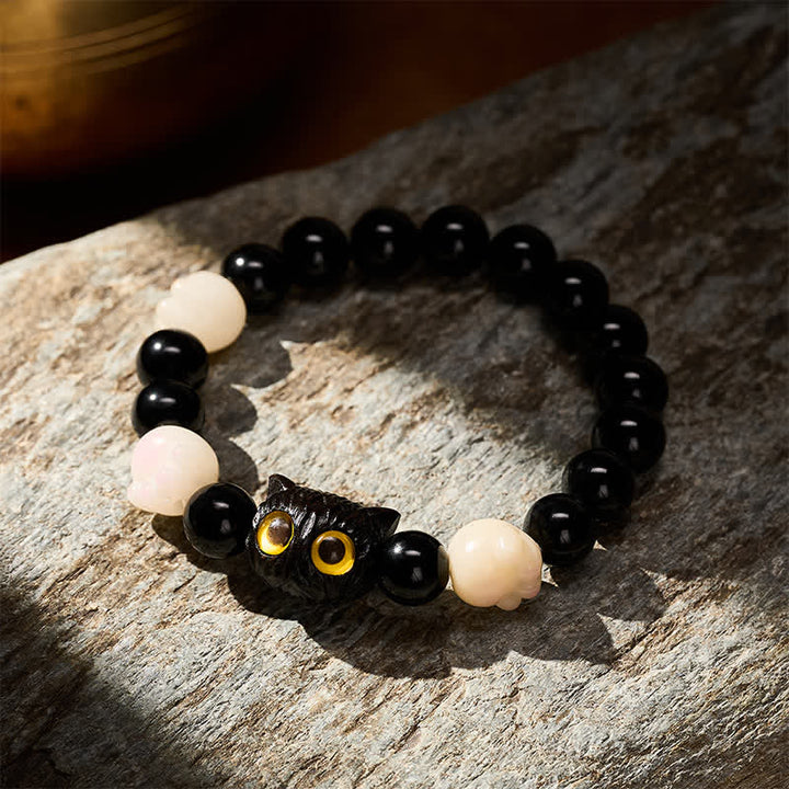 Buddha Stones Hand Carved Black Obsidian Yellow Eye Cat Head Grounding Bead Bracelet - image 2
