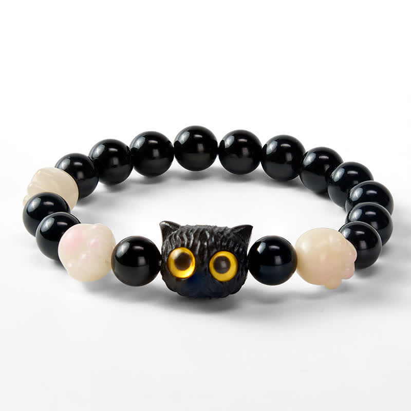 Buddha Stones Hand Carved Black Obsidian Yellow Eye Cat Head Grounding Bead Bracelet - image 3