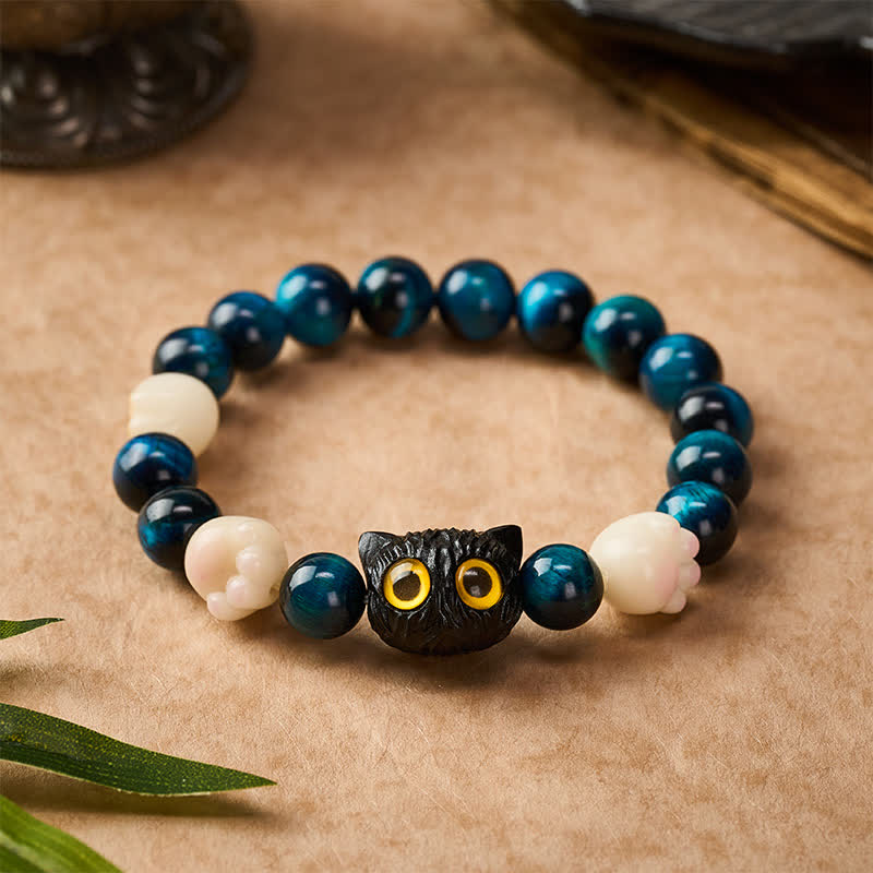 Buddha Stones Blue Tiger Eye Cute Hand-Carved Cat Grounding Bead Bracelet - image 1
