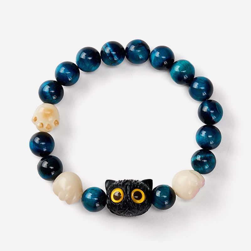 Buddha Stones Blue Tiger Eye Cute Hand-Carved Cat Grounding Bead Bracelet - image 4