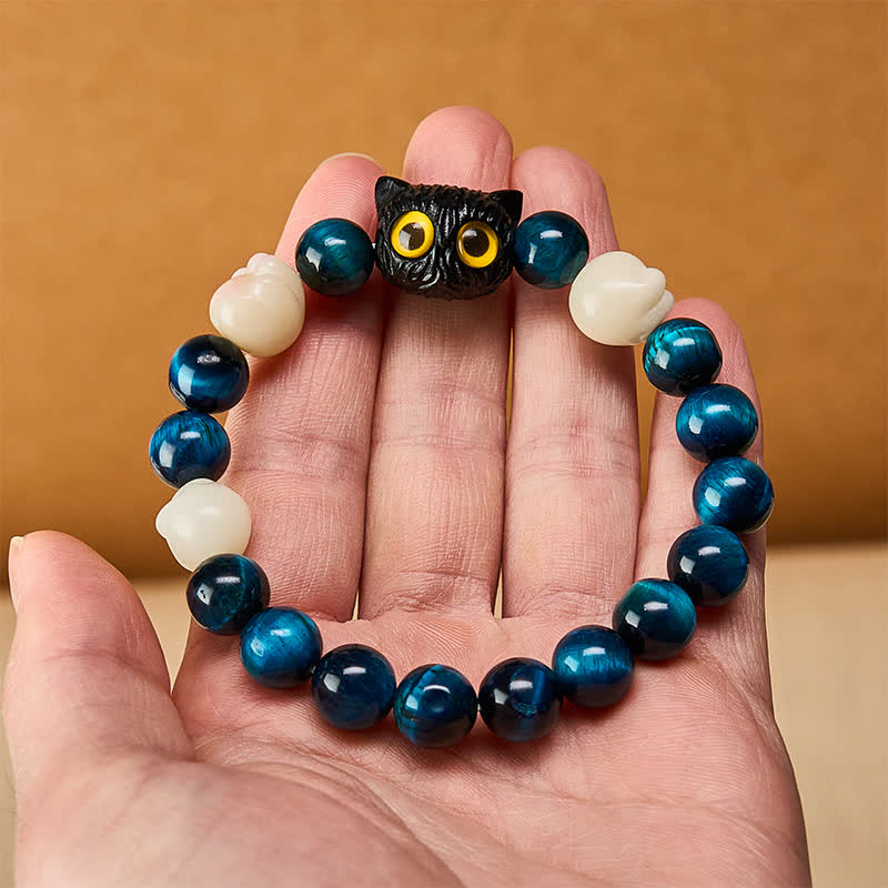 Buddha Stones Blue Tiger Eye Cute Hand-Carved Cat Grounding Bead Bracelet - image 5