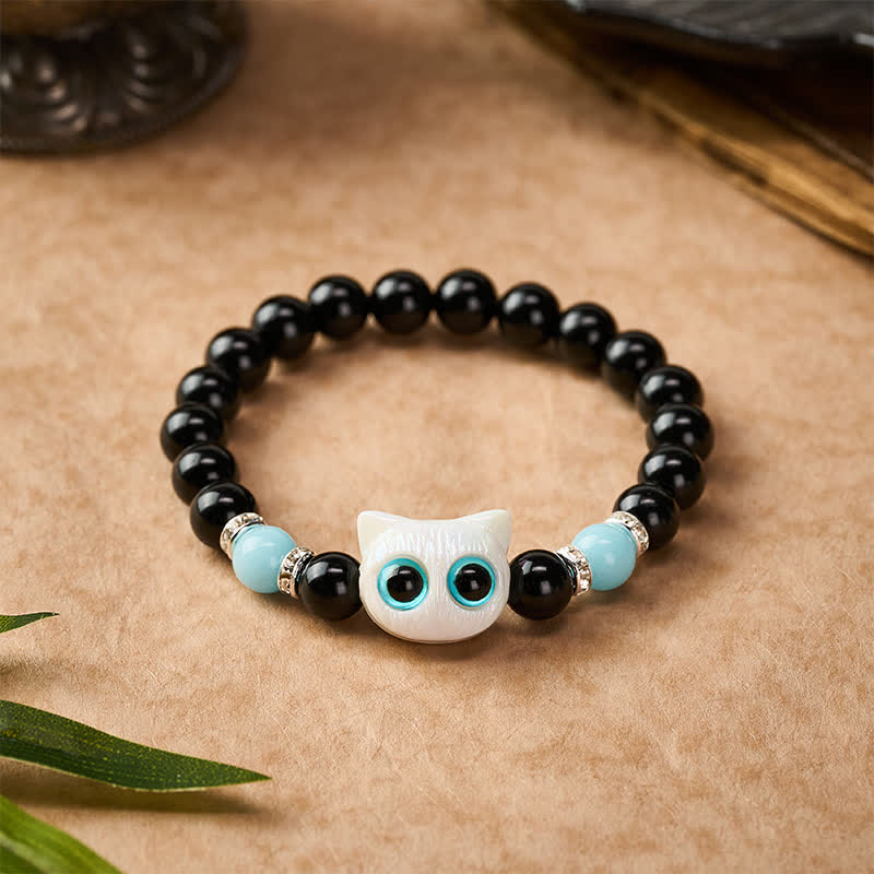 Buddha Stones Black Obsidian Cute Big Eye Cat Protection Beaded Bracelet - image 1