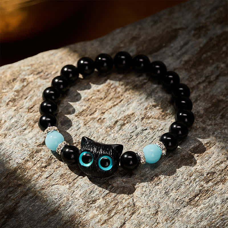 Buddha Stones Black Obsidian Cute Big Eye Cat Protection Beaded Bracelet - image 15