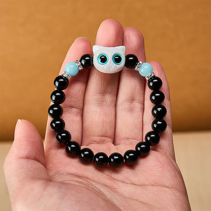 Buddha Stones Black Obsidian Cute Big Eye Cat Protection Beaded Bracelet - image 10