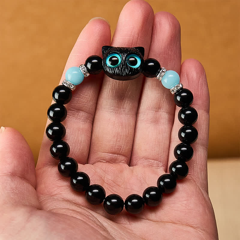 Buddha Stones Black Obsidian Cute Big Eye Cat Protection Beaded Bracelet - image 20