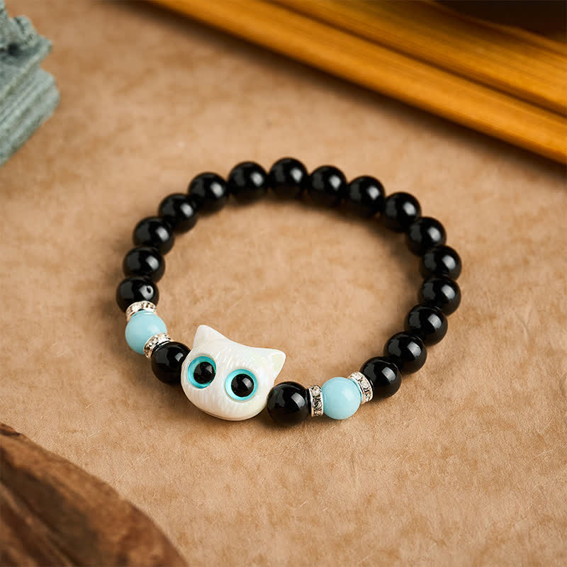Buddha Stones Black Obsidian Cute Big Eye Cat Protection Beaded Bracelet - image 8