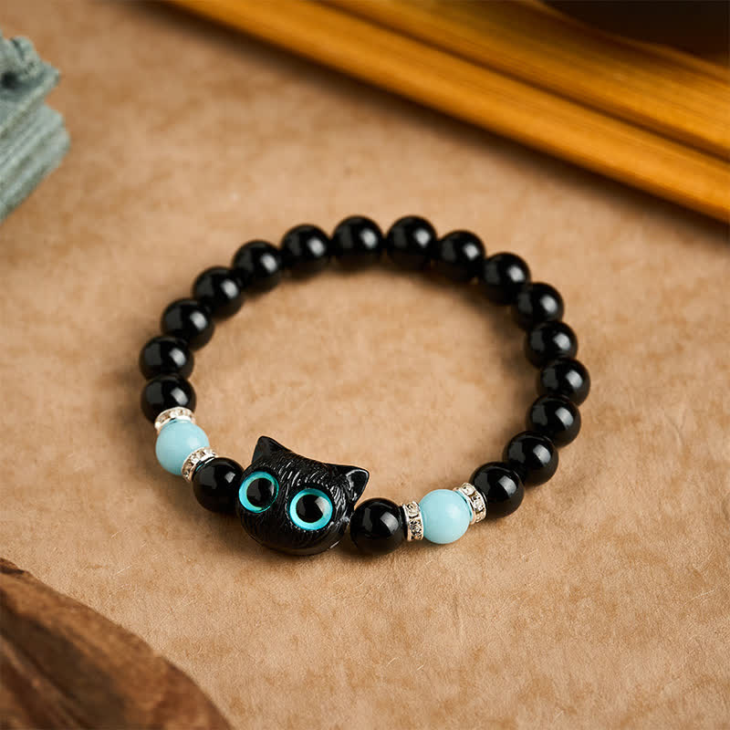 Buddha Stones Black Obsidian Cute Big Eye Cat Protection Beaded Bracelet - image 17