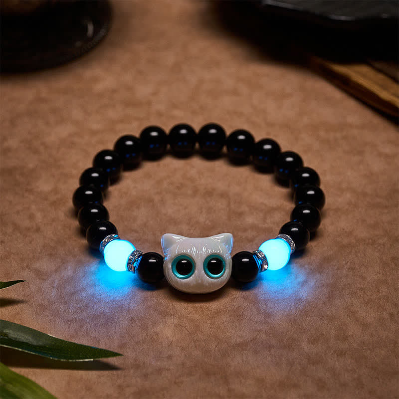 Buddha Stones Black Obsidian Cute Big Eye Cat Protection Beaded Bracelet - White Cat (Wrist Circumference: 15–16 cm) - image 1