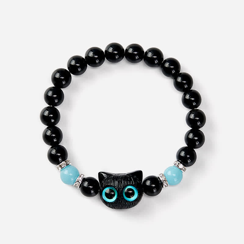 Buddha Stones Black Obsidian Cute Big Eye Cat Protection Beaded Bracelet - image 21