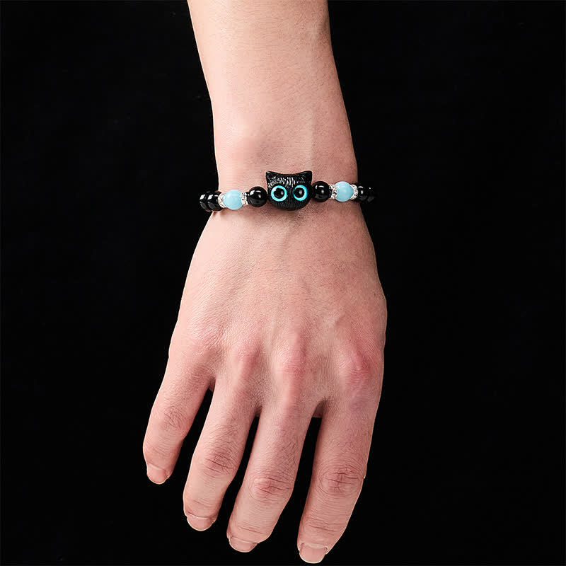 Buddha Stones Black Obsidian Cute Big Eye Cat Protection Beaded Bracelet - image 17