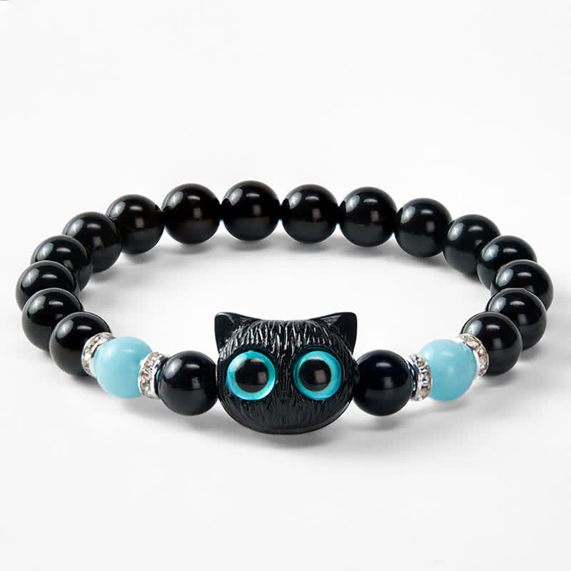 Buddha Stones Black Obsidian Cute Big Eye Cat Protection Beaded Bracelet - image 22