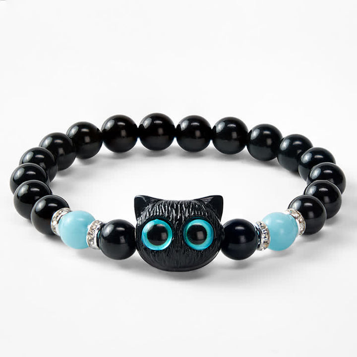 Buddha Stones Black Obsidian Cute Big Eye Cat Protection Beaded Bracelet - image 22