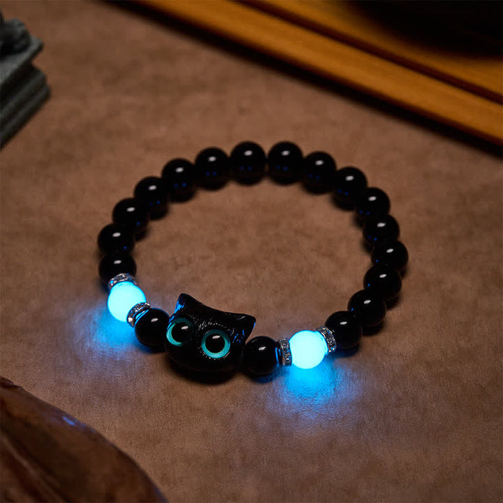 Buddha Stones Black Obsidian Cute Big Eye Cat Protection Beaded Bracelet - image 16