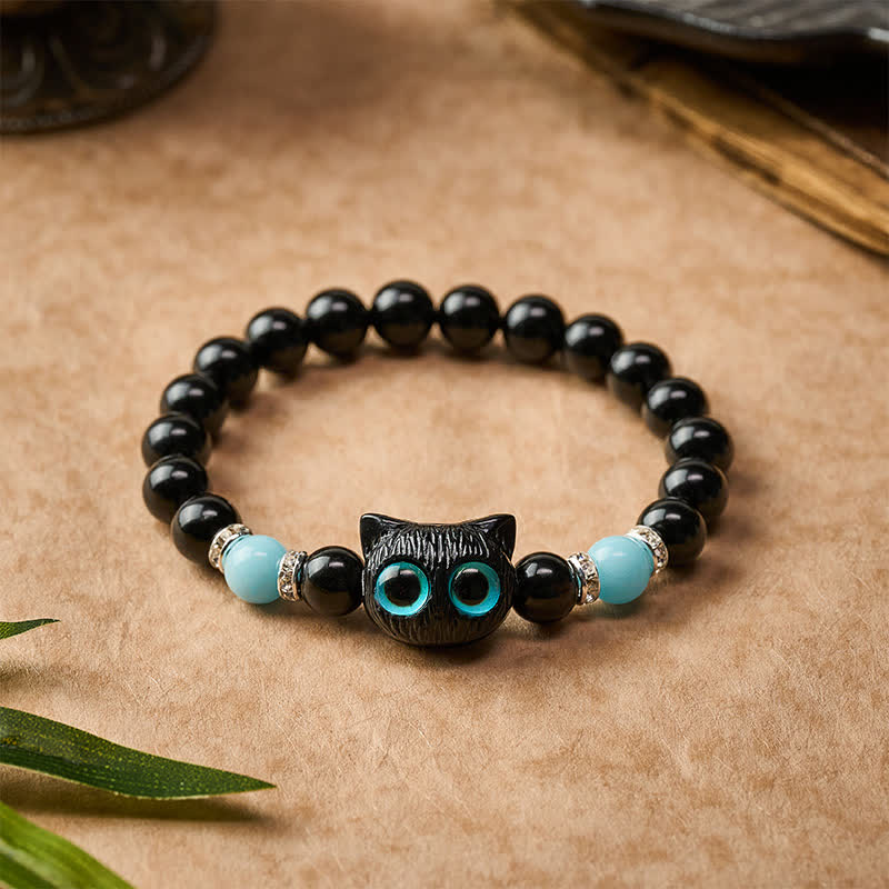 Buddha Stones Black Obsidian Cute Big Eye Cat Protection Beaded Bracelet - image 14