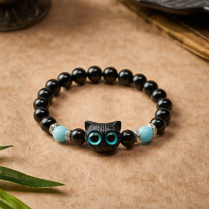 Buddha Stones Black Obsidian Cute Big Eye Cat Protection Beaded Bracelet - image 14