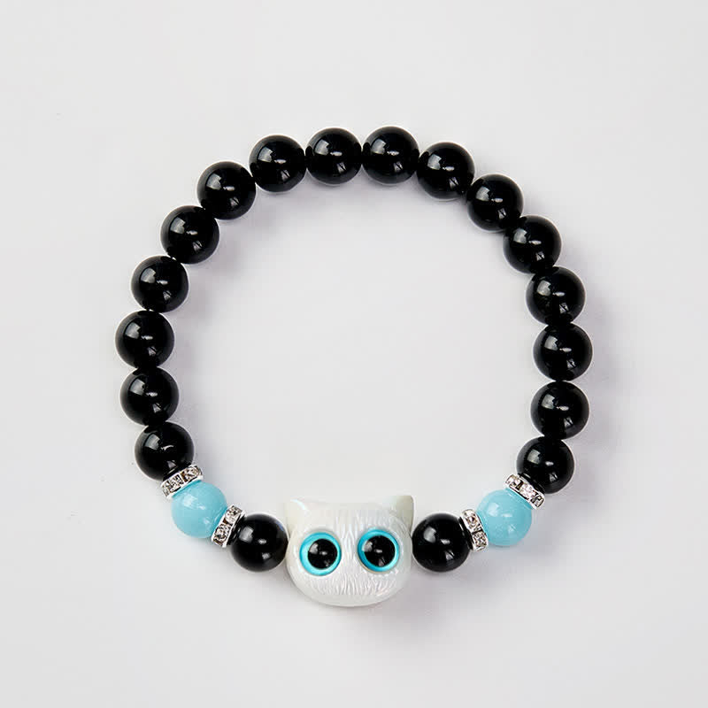Buddha Stones Black Obsidian Cute Big Eye Cat Protection Beaded Bracelet - image 11