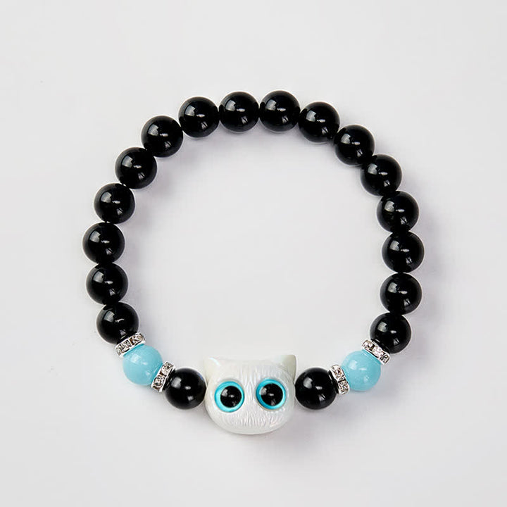 Buddha Stones Black Obsidian Cute Big Eye Cat Protection Beaded Bracelet - image 11