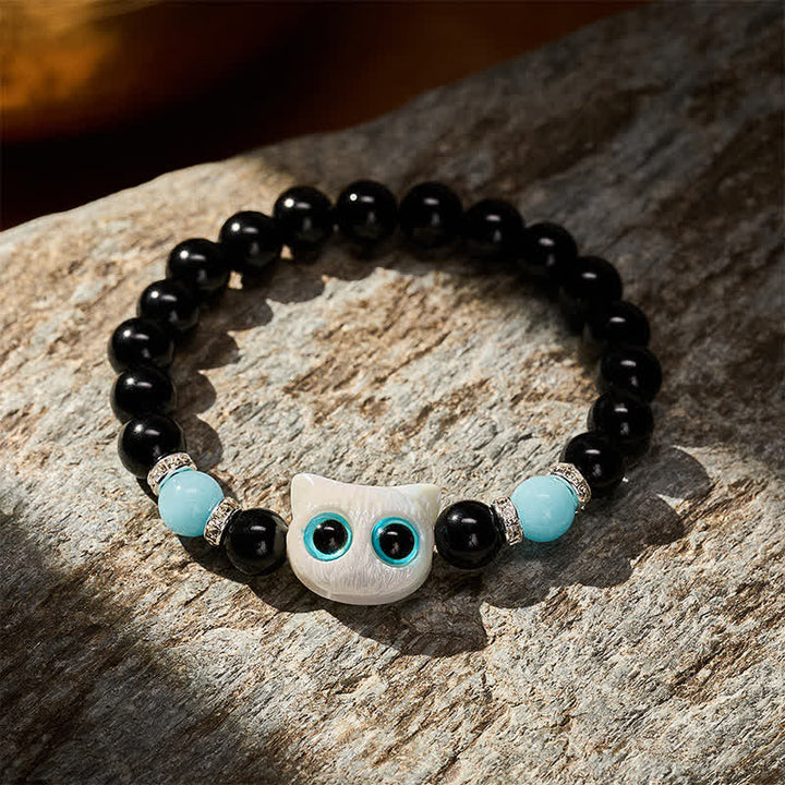 Buddha Stones Black Obsidian Cute Big Eye Cat Protection Beaded Bracelet - image 2