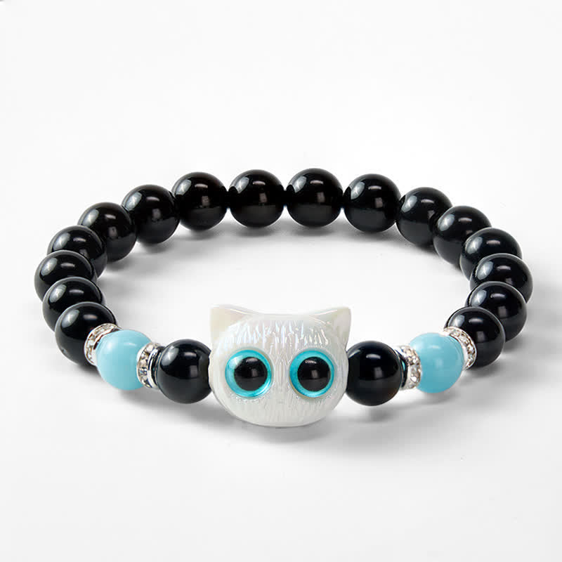 Buddha Stones Black Obsidian Cute Big Eye Cat Protection Beaded Bracelet - image 11