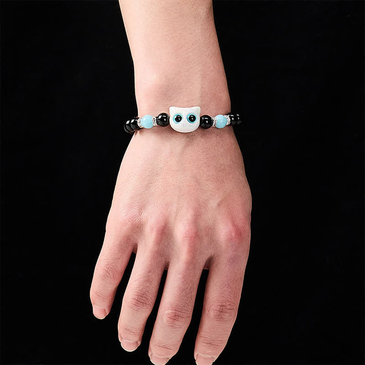 Buddha Stones Black Obsidian Cute Big Eye Cat Protection Beaded Bracelet - image 4