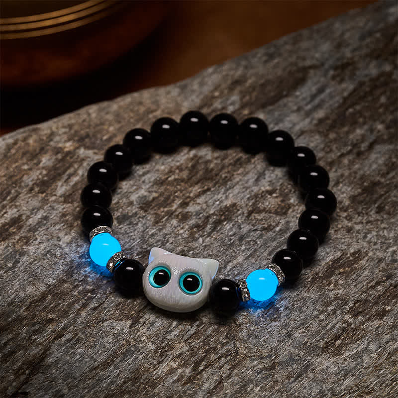 Buddha Stones Black Obsidian Cute Big Eye Cat Protection Beaded Bracelet - image 9