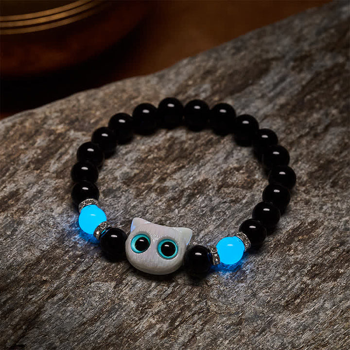Buddha Stones Black Obsidian Cute Big Eye Cat Protection Beaded Bracelet - image 9