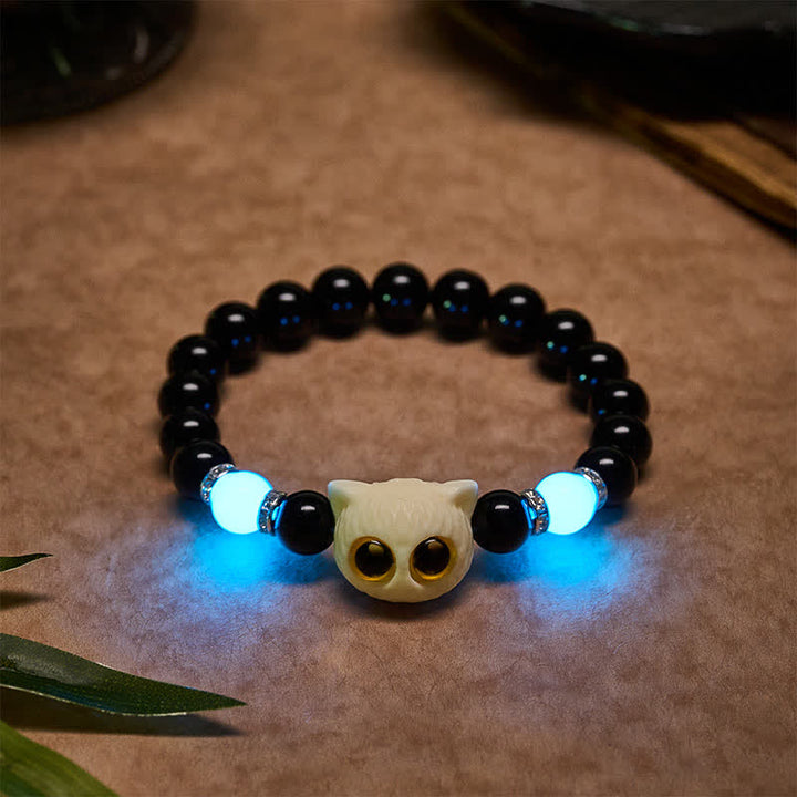 Buddha Stones Black Obsidian Hand-Carved Big Eye Cat Relief Bead Bracelet - White Cat (Wrist Circumference: 15–16 cm) - Black Obsidian (Purification ♥ Strength) - image 14