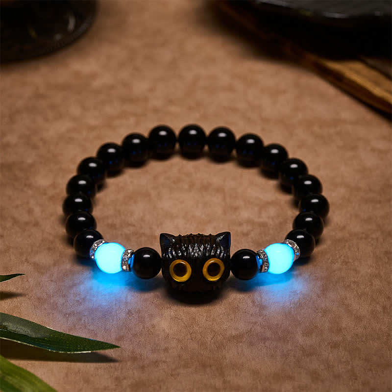 Buddha Stones Black Obsidian Hand-Carved Big Eye Cat Relief Bead Bracelet - image 3