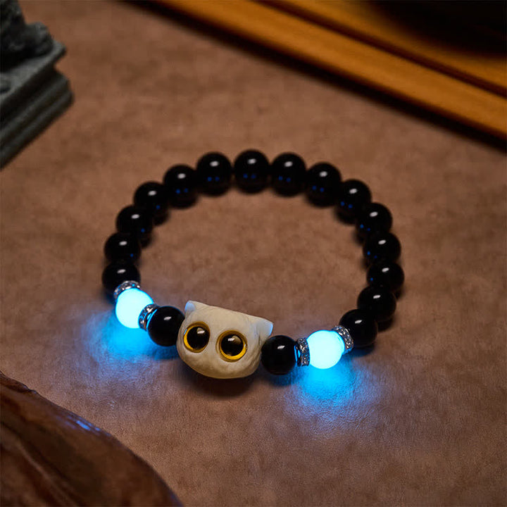 Buddha Stones Black Obsidian Hand-Carved Big Eye Cat Relief Bead Bracelet - image 20