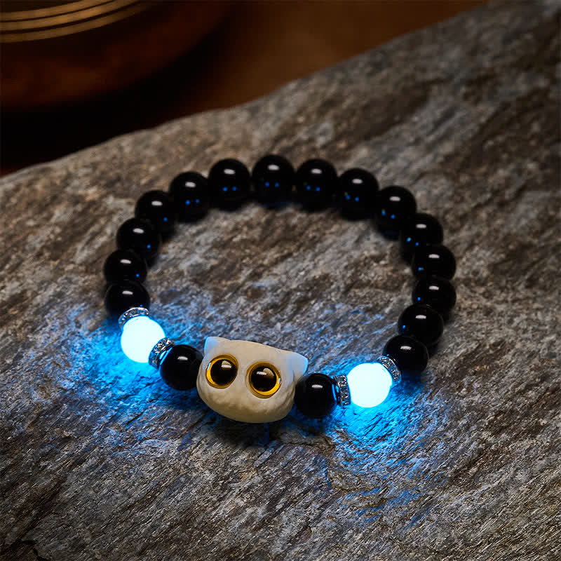 Buddha Stones Black Obsidian Hand-Carved Big Eye Cat Relief Bead Bracelet - image 17