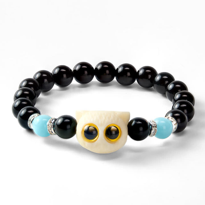 Buddha Stones Black Obsidian Hand-Carved Big Eye Cat Relief Bead Bracelet - image 23