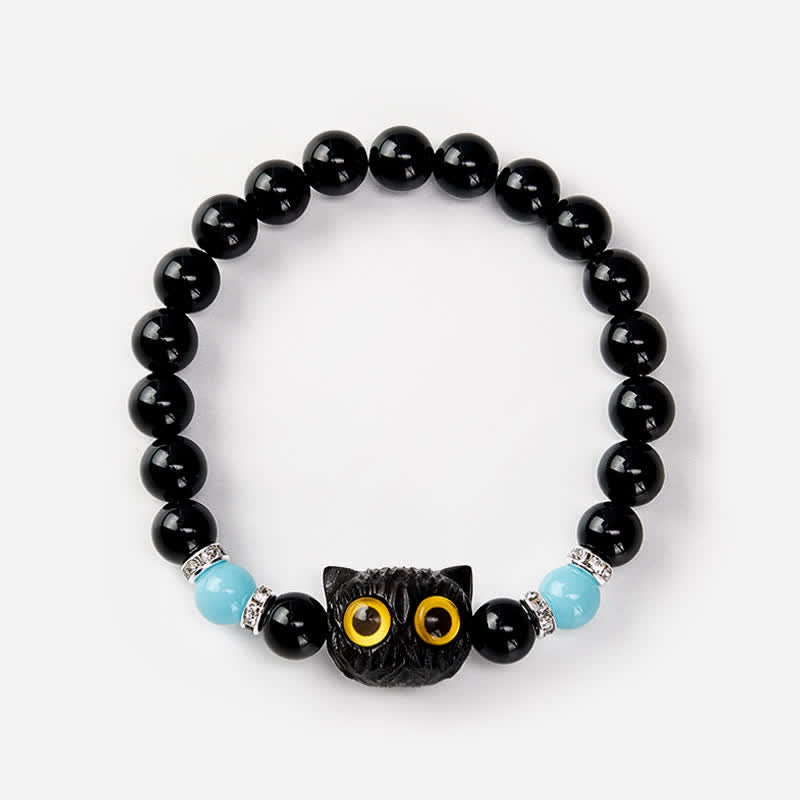 Buddha Stones Black Obsidian Hand-Carved Big Eye Cat Relief Bead Bracelet - image 12