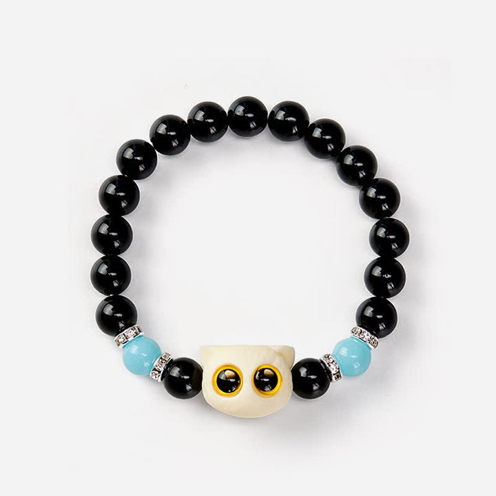 Buddha Stones Black Obsidian Hand-Carved Big Eye Cat Relief Bead Bracelet - image 22