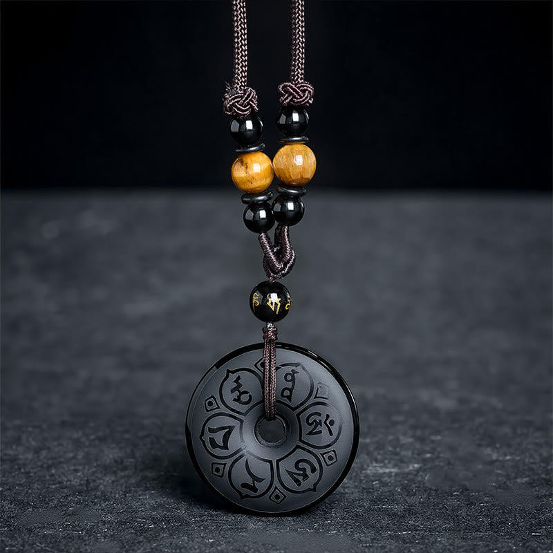 Buddha Stones Black Obsidian Peace Buckle Protection Engraved Braided Necklace - image 15