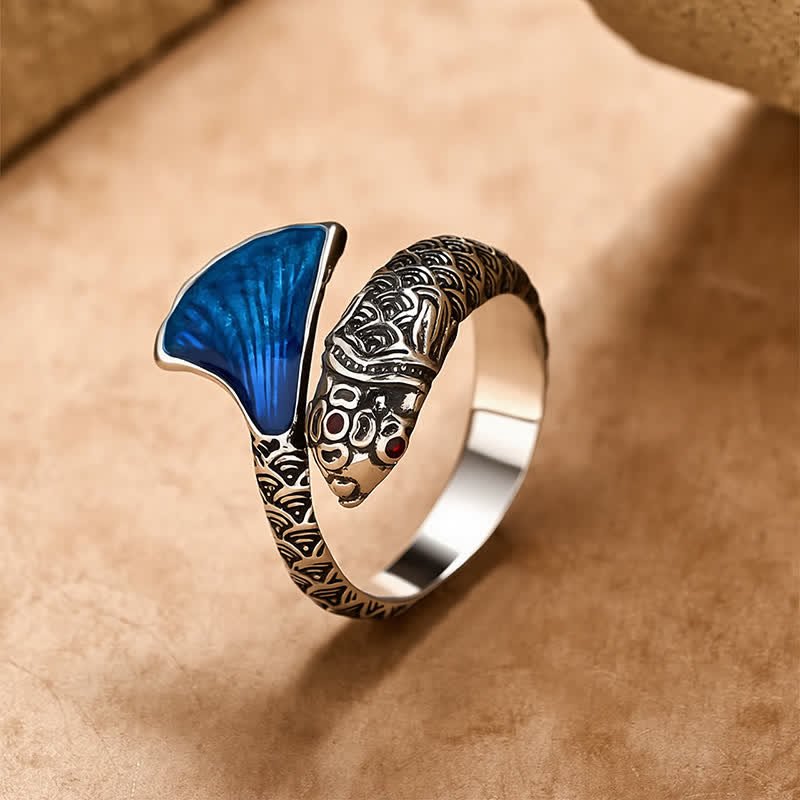 Buddha Stones Vintage Koi Fish Blue Enamel Adjustable Success Adjustable Ring - Copper - Approx. 18.4mm / US 8 (Adjustable) - image 0