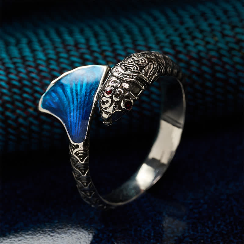 Buddha Stones Vintage Koi Fish Blue Enamel Adjustable Success Adjustable Ring - image 2