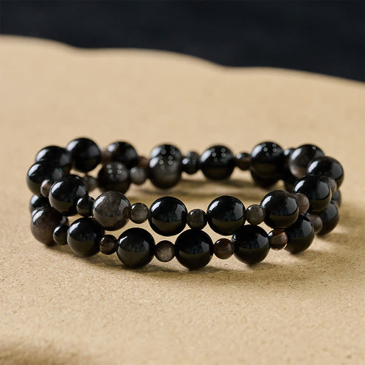 Buddha Stones Black Obsidian Single Double Layer Round Bead Protection Bracelet - 10mm Black Obsidian - Double Wrap - image 8