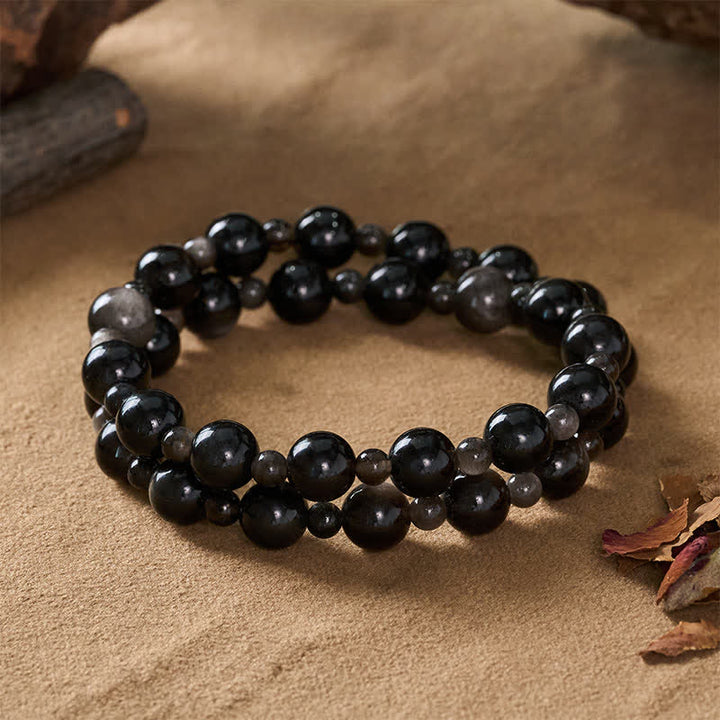 Buddha Stones Black Obsidian Single Double Layer Round Bead Protection Bracelet - image 11