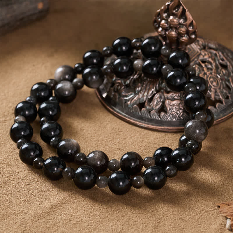 Buddha Stones Black Obsidian Single Double Layer Round Bead Protection Bracelet - image 12