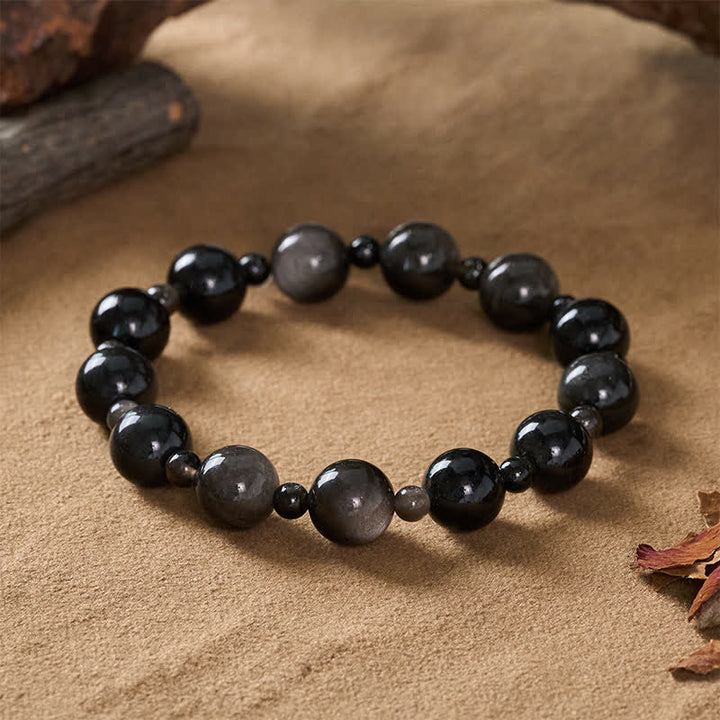 Buddha Stones Black Obsidian Single Double Layer Round Bead Protection Bracelet - image 1