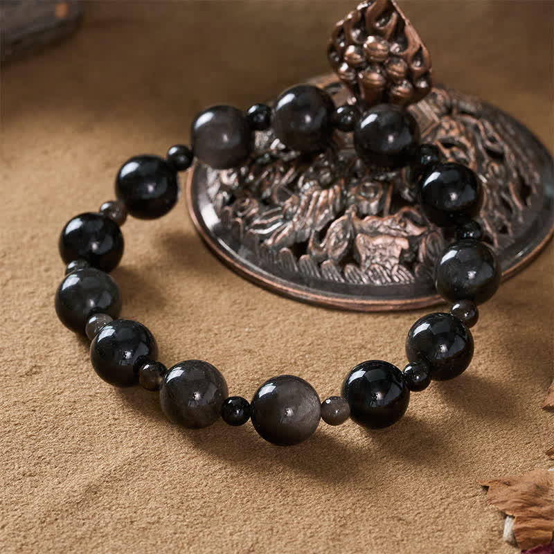 Buddha Stones Black Obsidian Single Double Layer Round Bead Protection Bracelet - image 4