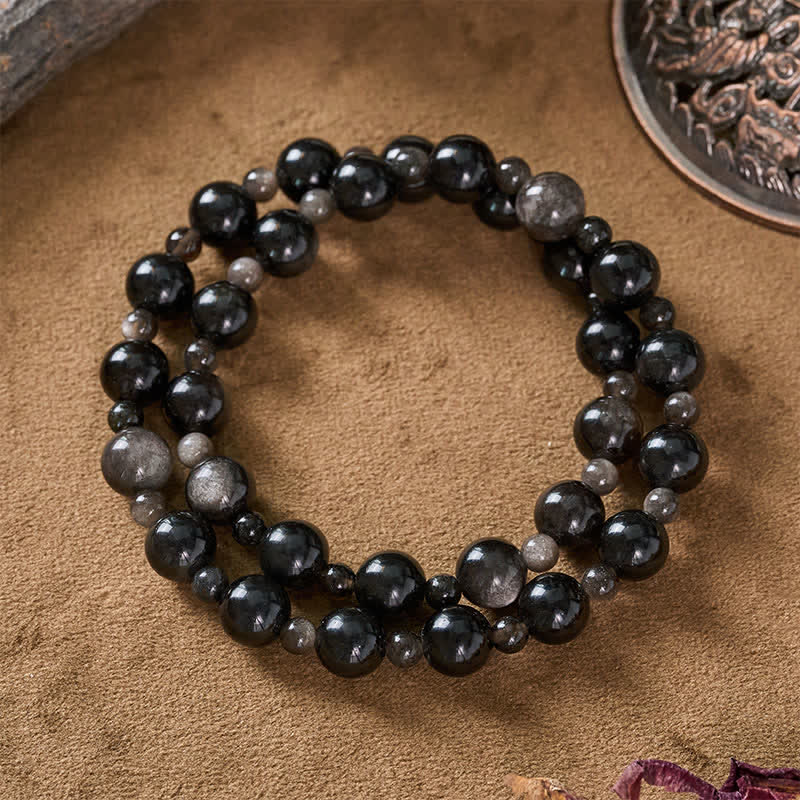 Buddha Stones Black Obsidian Single Double Layer Round Bead Protection Bracelet - image 9