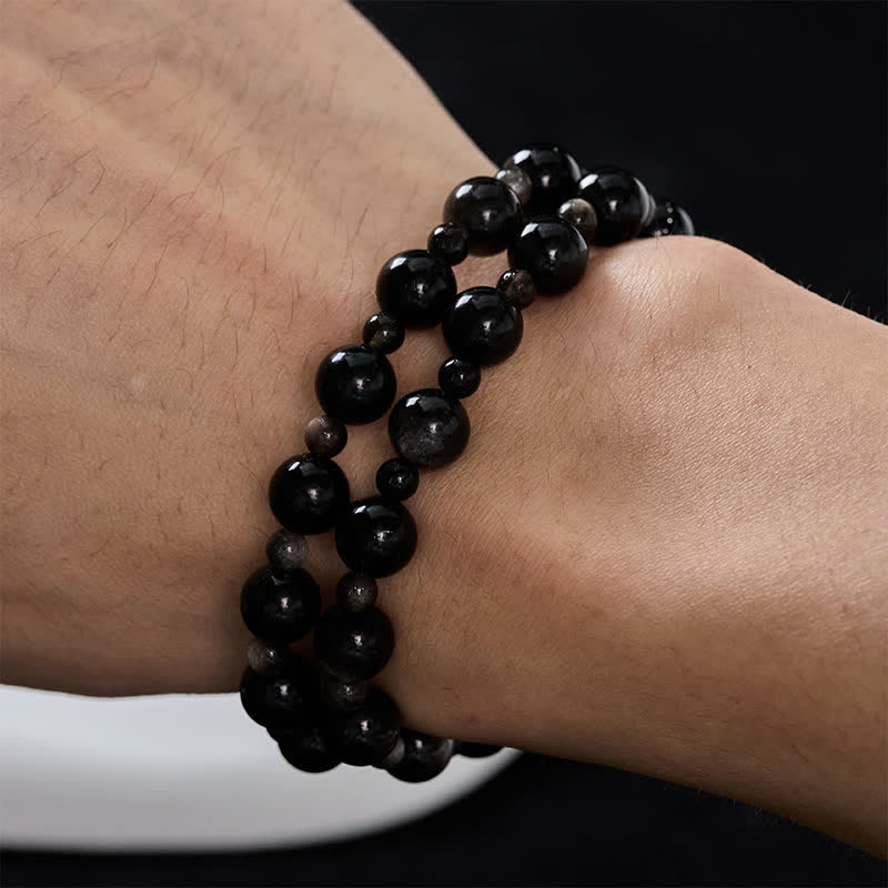 Buddha Stones Black Obsidian Single Double Layer Round Bead Protection Bracelet - image 13