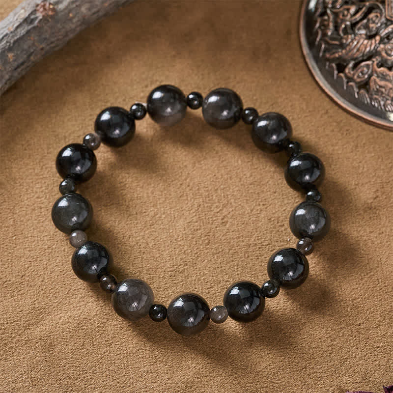 Buddha Stones Black Obsidian Single Double Layer Round Bead Protection Bracelet - image 3