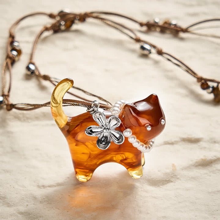 Buddha Stones Resin Black Brown Cat Flower Pearl Bead Peace Necklace - Brown Cat - image 0