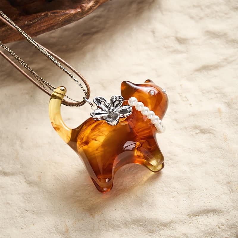 Buddha Stones Resin Black Brown Cat Flower Pearl Bead Peace Necklace - image 2