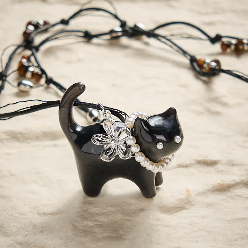 Buddha Stones Resin Black Brown Cat Flower Pearl Bead Peace Necklace - Black Cat - image 6
