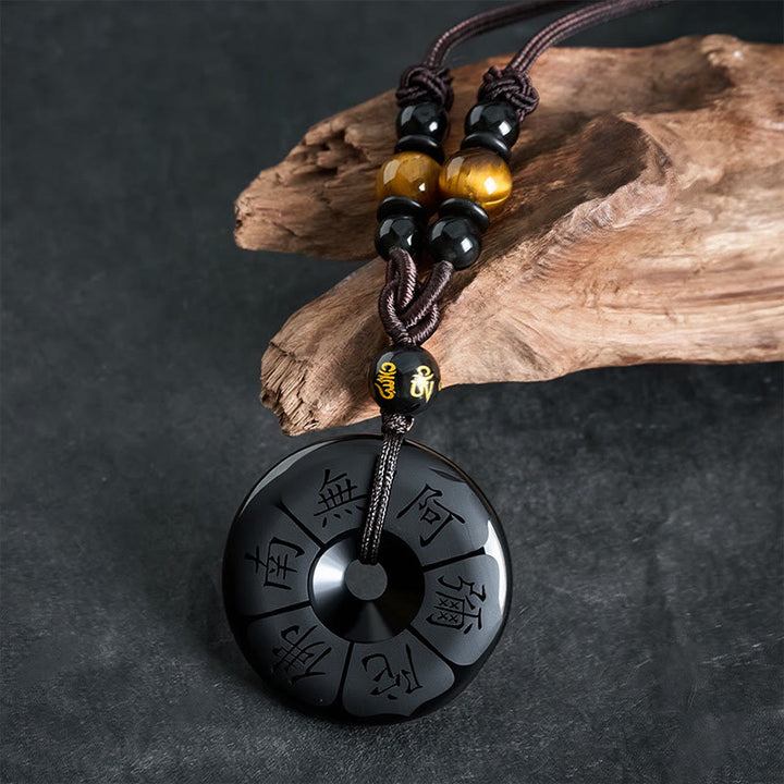 Buddha Stones Black Obsidian Namo Ami Peace Buckle Protection Engraved Necklace - image 1