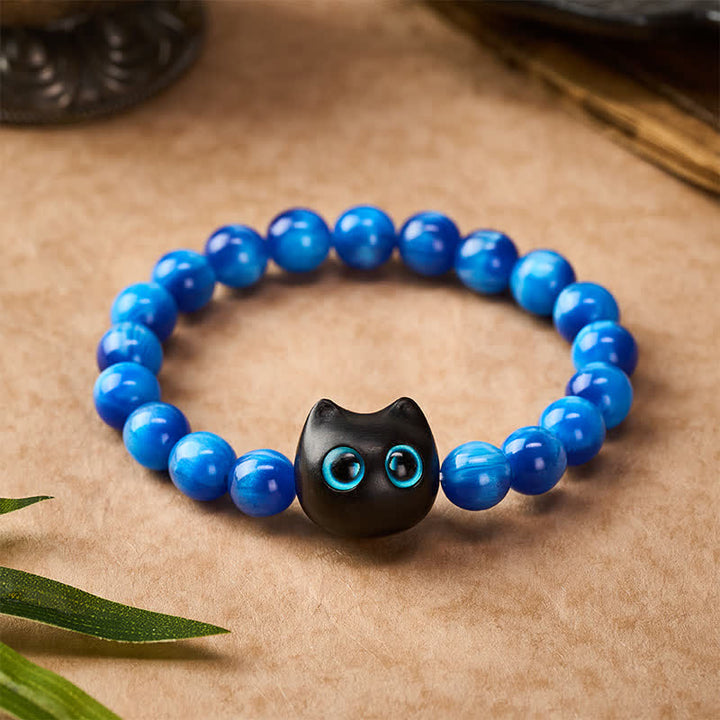 Buddha Stones Blue Resin Beads Ebony Wood Cat Balance Bracelet - image 10