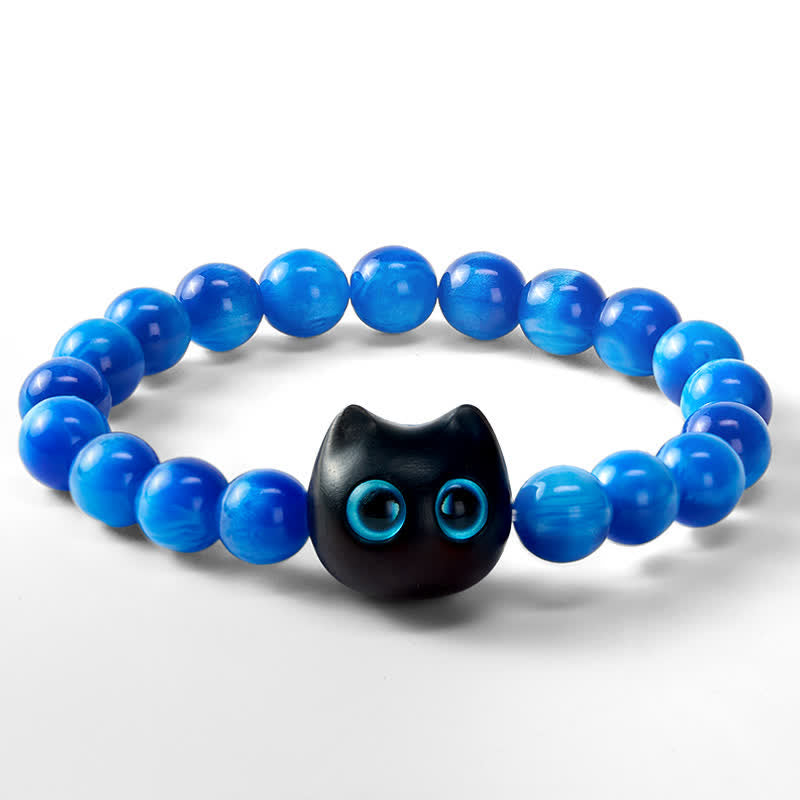 Buddha Stones Blue Resin Beads Ebony Wood Cat Balance Bracelet - image 15